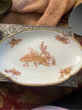 Limoges Decorative White Porcelain Dish with Gold and Rust Scenic Transfer